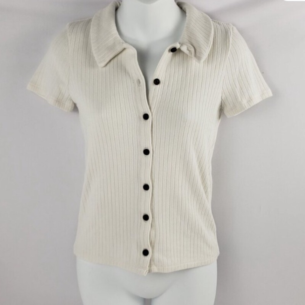 Madewell XXS Off White Knit Button Down Collar Womens Top Shirt Ribbed Stretch
